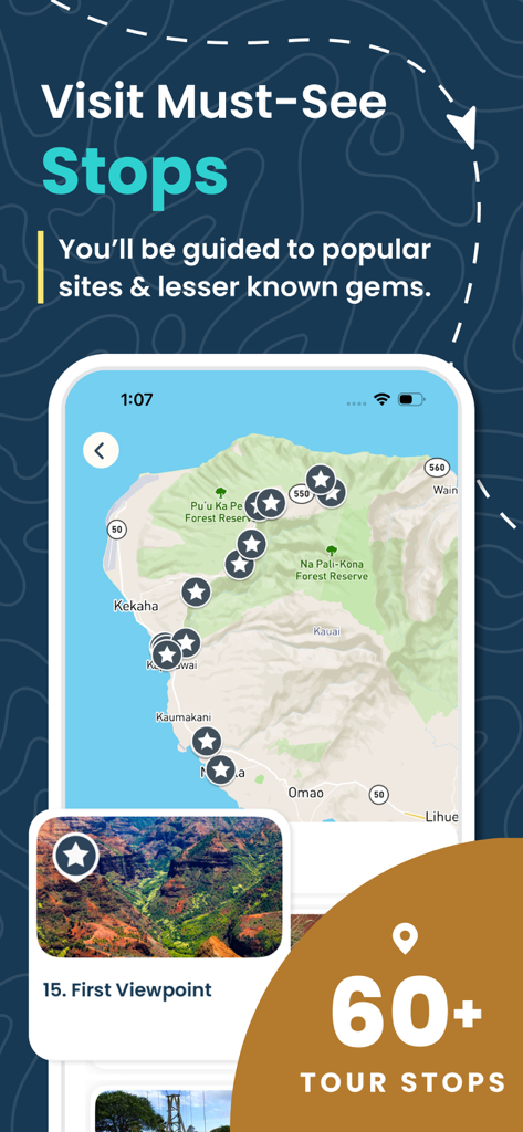 Shaka Kauai Audio Tour Guide - Shaka Kauai app screen showing a map with over 60 tour stops and a scenic viewpoint thumbnail