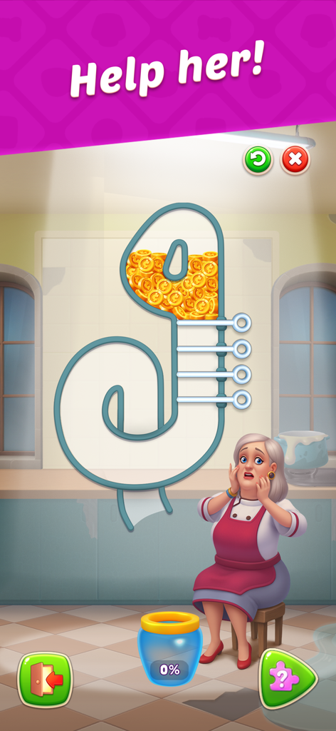 Homescapes-Minispiel, das ein Stiftzieh-Rätsel zeigt, um einer Figur beim Sammeln von Goldmünzen zu helfen