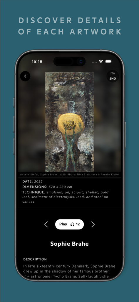 Marsilio Arte - Smartphone screen displaying technical details and an audio guide button for a painting by Anselm Kiefer in the Marsilio Arte app.