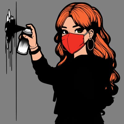 realistic girl with mask spray painting a wall