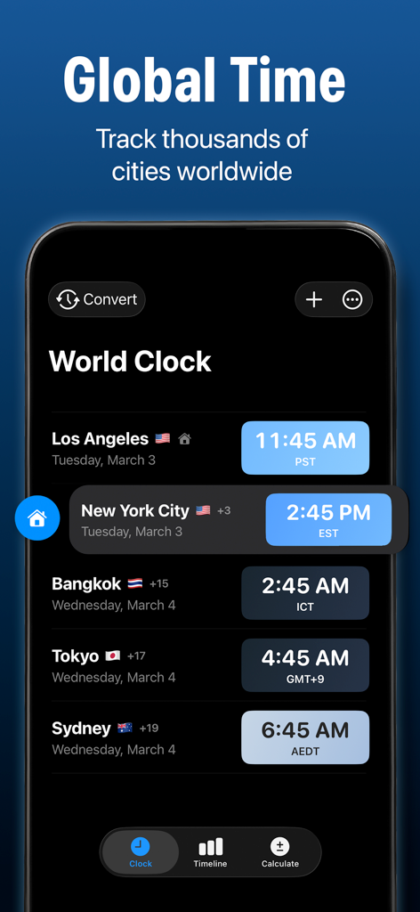 World Clock:Timezone Converter - World Clock app interface displaying current times for several global cities including Los Angeles and New York