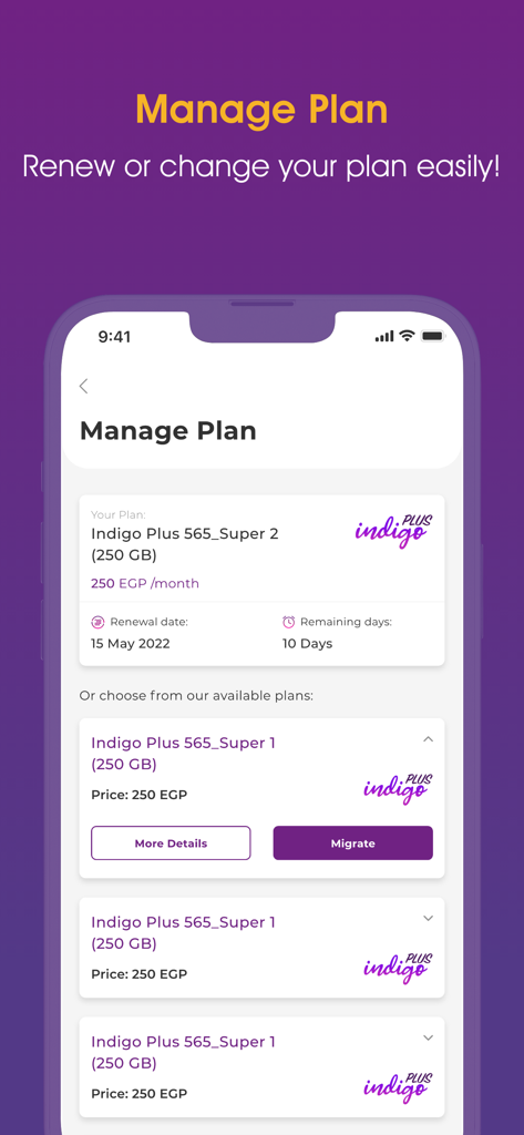 My WE mobile app interface for managing and migrating telecom plans including Indigo Plus