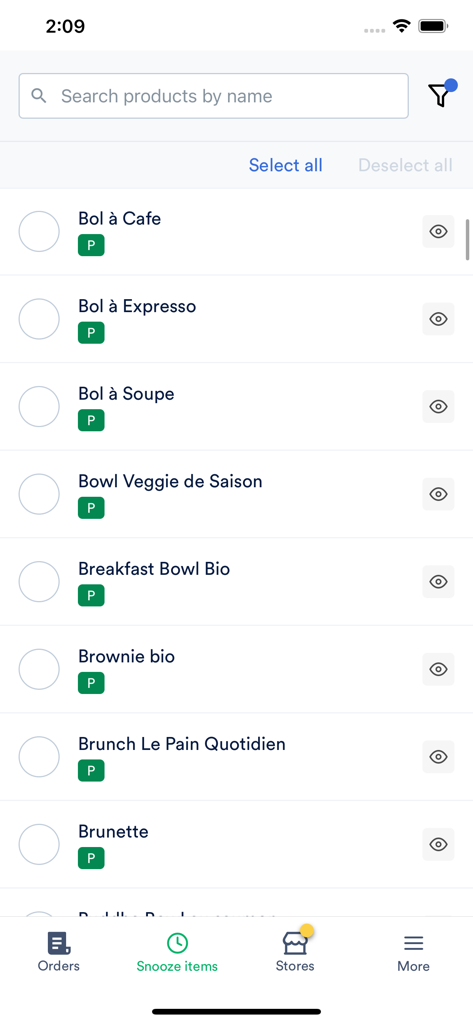 Deliverect: online order hub - Uma interface móvel do aplicativo Deliverect mostrando a tela de itens silenciados onde os usuários podem gerenciar a disponibilidade de produtos do cardápio do restaurante.