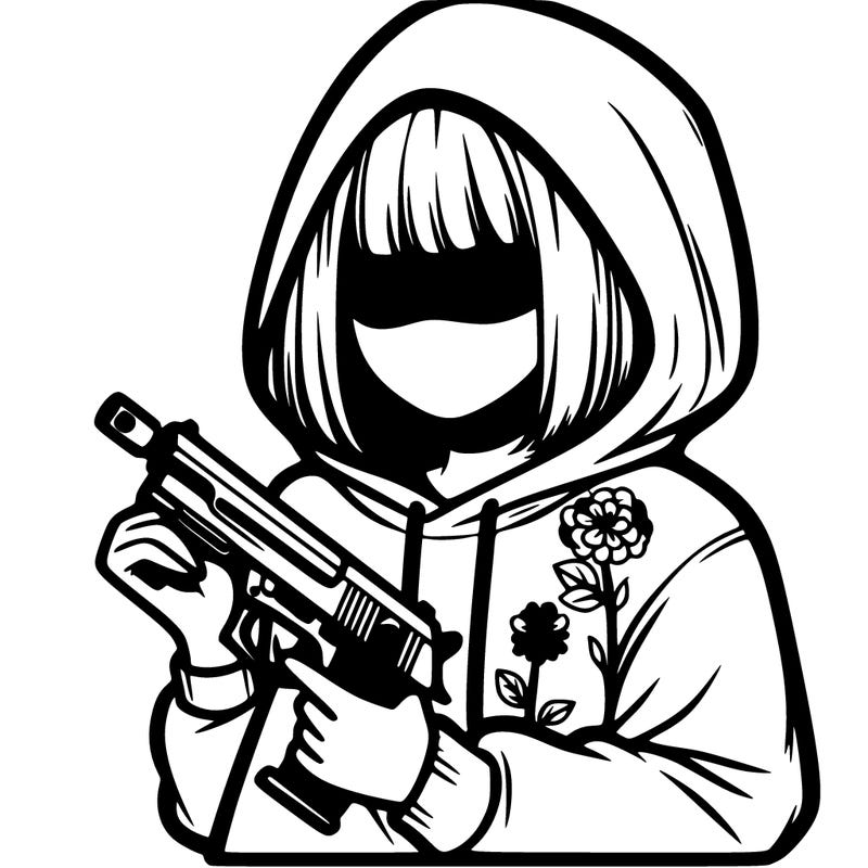 girl in hoodie no face no hair with gun