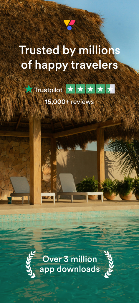 Vio.com app promotion showing Trustpilot reviews and over 3 million downloads against a tropical pool background