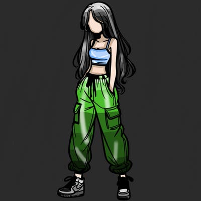 girl in baggy pants crop top and long hair