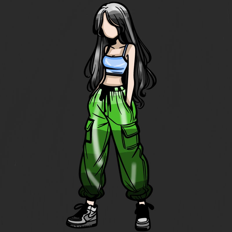 girl in baggy pants crop top and long hair