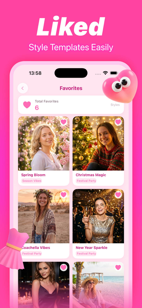 Lurr - The favorites screen of the Lurr app displaying various saved AI photo style templates like Spring Bloom and Christmas Magic.
