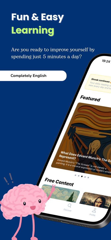 Screenshot dell'app Curio che mostra lezioni di arte e storia per l'apprendimento quotidiano tascabile.