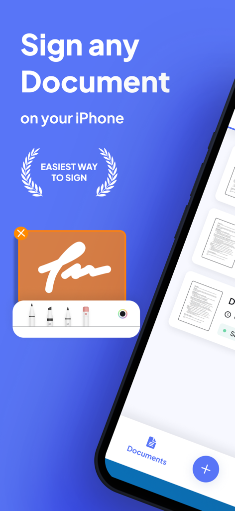 SignDocu app interface for signing documents on an iPhone with digital signature tools