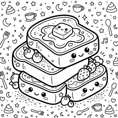 Indulge in a delightful coloring experience with our Kawaii French Toast design. Featuring a stack of smiling, adorable French toast slices, this page is packed with charming details and ready for your creative touch.