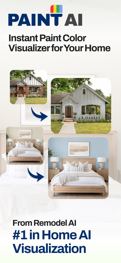 Paint AI - Color Visualizer - Paint AI App-Oberfläche, die Vorher-Nachher-Farbtransformationen für eine Hausfassade und das Innere eines Schlafzimmers zeigt