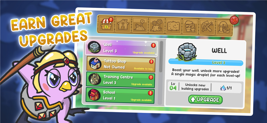 Duck Life 9: The Flock - A menu screen in Duck Life 9 showing building upgrades for the well, tattoo shop, and training center.