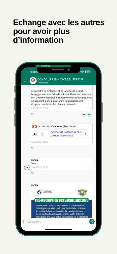 Concours Hub - Interface de chat pour les groupes de discussion étudiants dans l'application Concours Hub