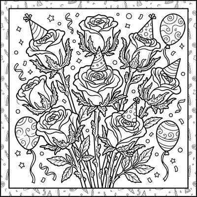 Discover a delightful Moss Roses Birthday coloring page, perfect for celebrating special occasions. Enjoy coloring intricate floral details adorned with festive party hats, balloons, and confetti.