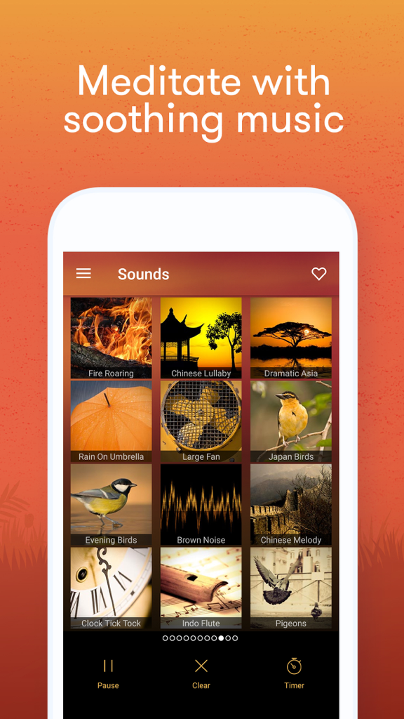 Interfaccia dell'app Meditation and Relax Music Pro che mostra una varietà di opzioni di suoni naturali e ambientali di alta qualità per la meditazione