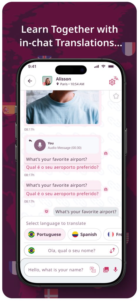 Linguado - Linguado app chat interface featuring real-time translation between English and Portuguese