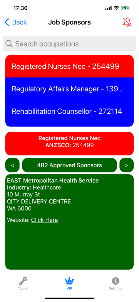 A screen from the Aussie Visa Mate app displaying a database of approved 482 visa job sponsors for registered nurses in Australia.