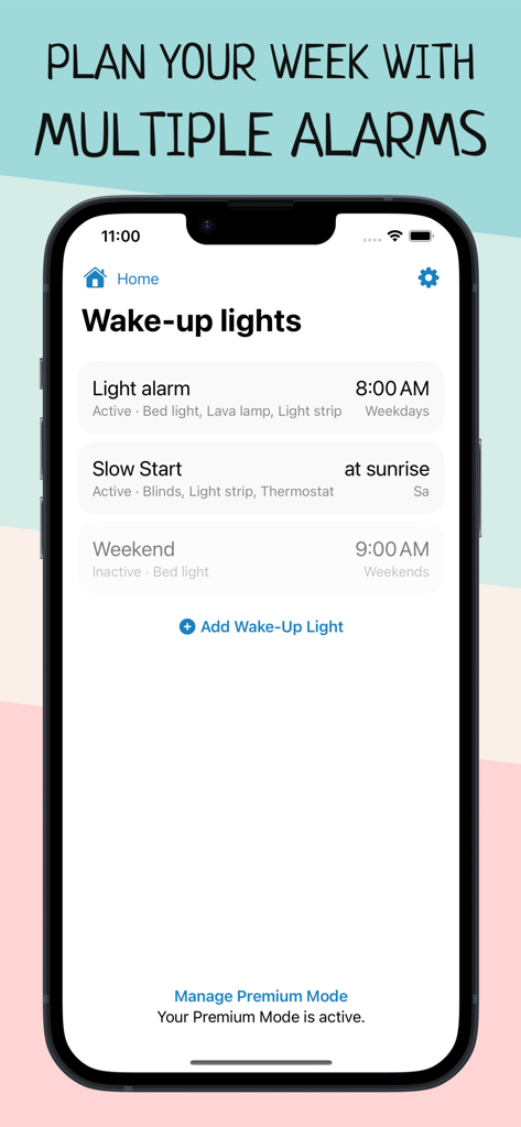Wake Up Light – Sunrise Alarm - Interface de l'application Réveil Lumineux affichant une liste d'alarmes de lever de soleil programmées pour les appareils de la maison intelligente