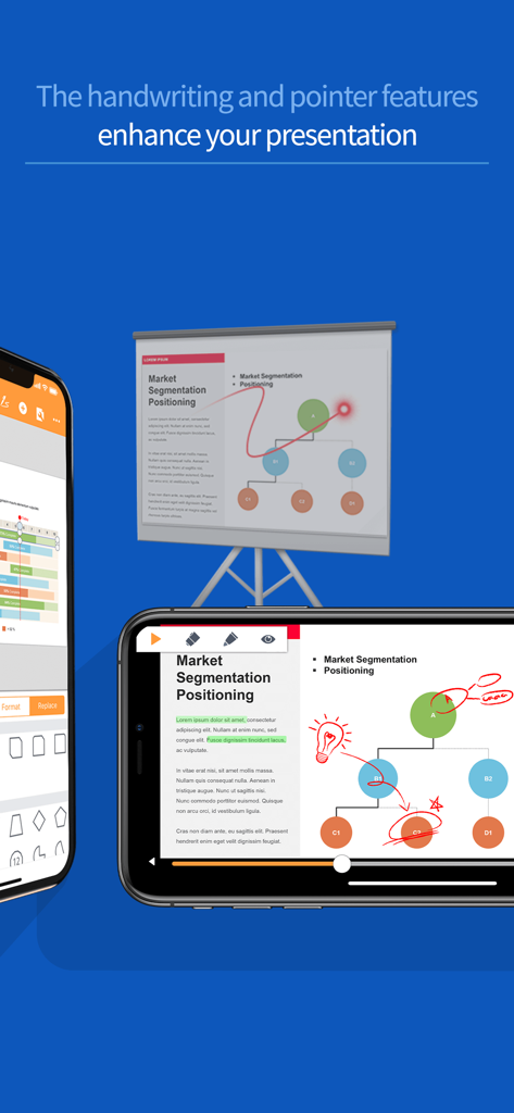 Presentation slide in POLARIS Office for BlackBerry showing handwriting and pointer features for mobile professionals