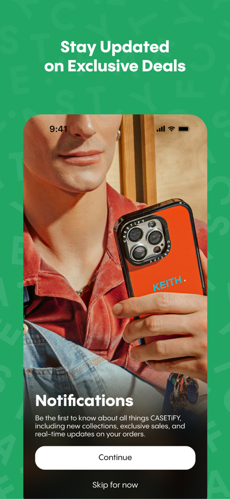 CASETiFY - Écran d'activation des notifications de l'application CASETiFY présentant une coque de téléphone orange personnalisée et un message invitant à rester informé.