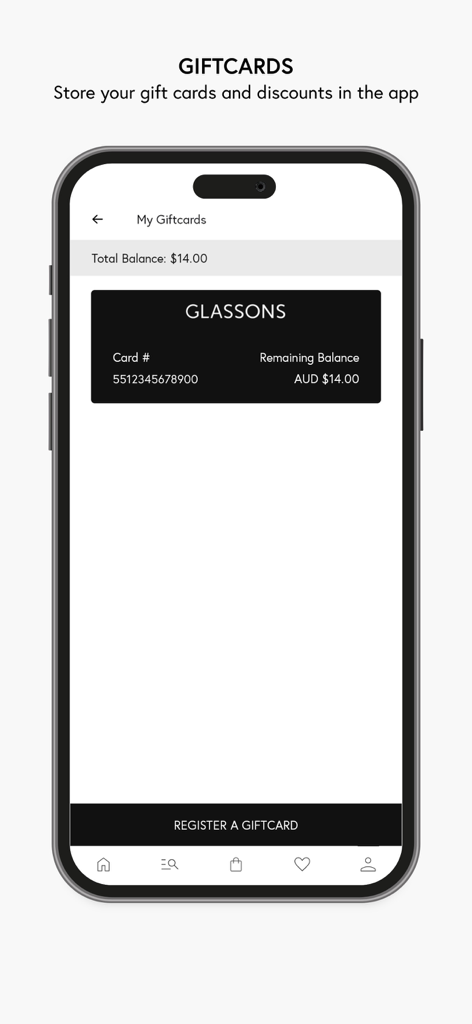 Glassons - Glassons app gift cards screen showing a total balance and a register a gift card button