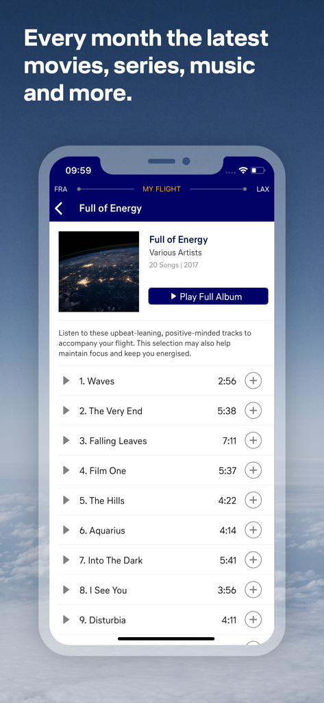 LH Entertainment app displaying an in-flight music playlist on a smartphone.