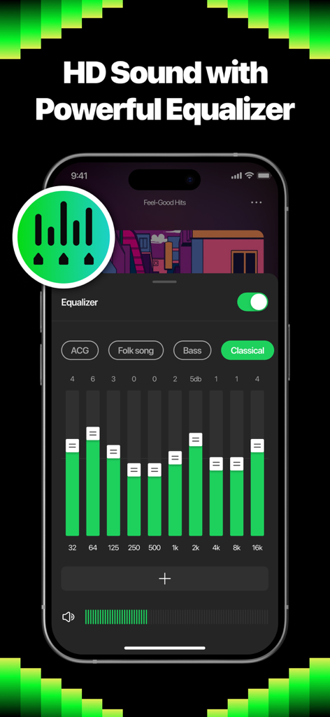 Offline music & local player - Interfaz de la aplicación Música sin conexión que muestra un ecualizador de 9 bandas con preset clásico y personalización de sonido HD