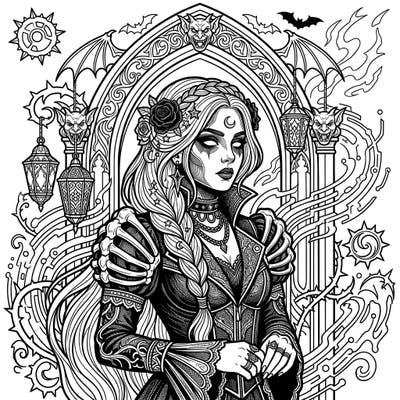 Unleash your inner artist with this stunning Gothic Digital Art coloring page, perfect for teens. Explore a world of intricate details, dark elegance, and a mysterious figure waiting for your creative touch.