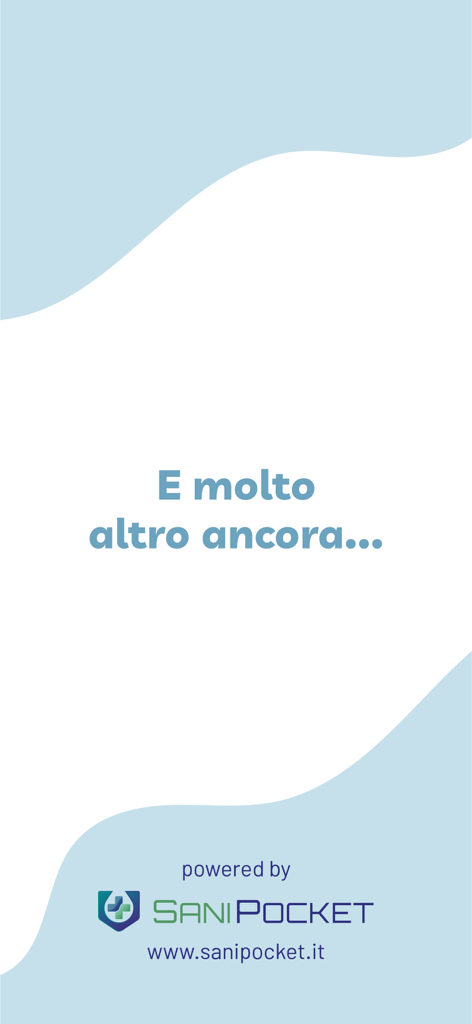 My Examina - Werbebildschirm der My Examina App mit SaniPocket-Branding und italienischem Text, der weitere Funktionen angibt.