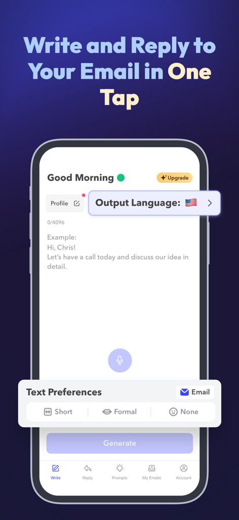 AI Email Generator: Xemail - Interfaz de la aplicación Xemail en un iPhone mostrando opciones para personalizar el tono y el idioma del correo para una escritura rápida con IA