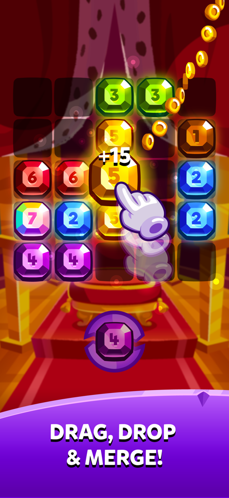 Bubbu Jewels - Merge Puzzle - Uno screenshot di gioco di Bubbu Jewels che mostra gemme colorate numerate su una griglia con un'icona a forma di mano che dimostra la meccanica di trascinamento per l'unione.