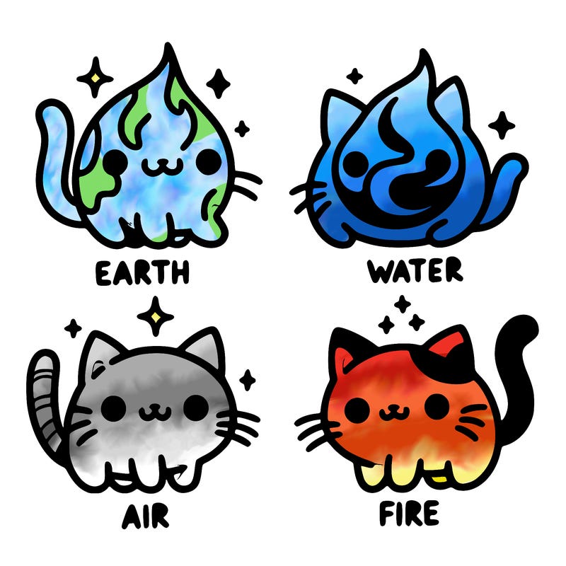 4 cats that represent the different elements, earth, water, air, and fire