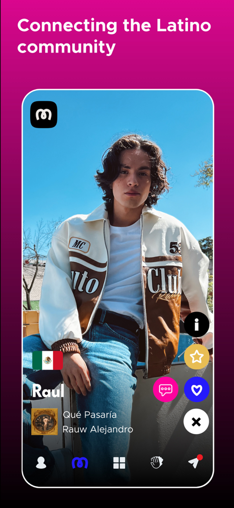 Mi Gente - Latino Dating - Mi Gente Latino dating app user profile interface showing Raul with a Mexican flag
