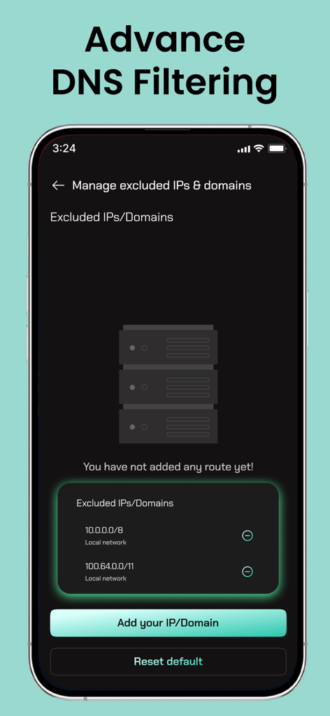 Interface of Bolt VPN showing advanced DNS filtering to manage excluded IPs and domains.