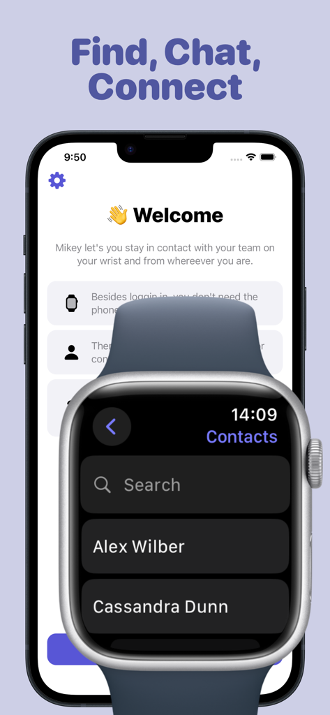 TeamsSync for Microsoft Teams - Interfaz de la aplicación TeamsSync mostrando contactos de Microsoft Teams en un Apple Watch y iPhone
