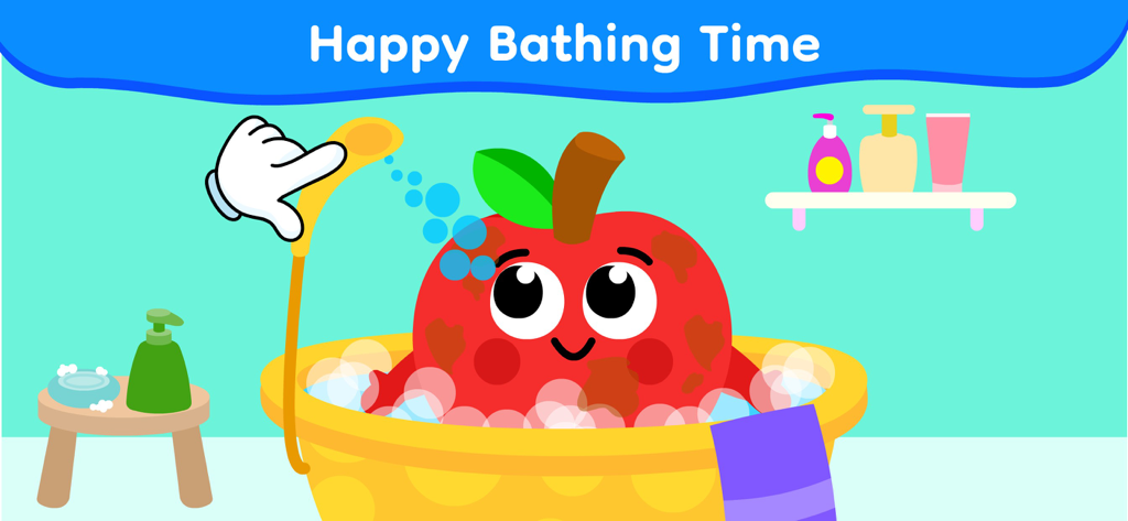 Gioco interattivo per il bagnetto per bambini con una mela dei cartoni animati in una vasca da bagno con schiuma