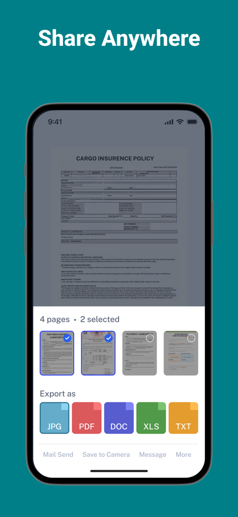 Easy Camera Scanner - PDF - Interfaz que muestra múltiples formatos de exportación como PDF, DOC y JPG para documentos escaneados en la aplicación Easy Camera Scanner.