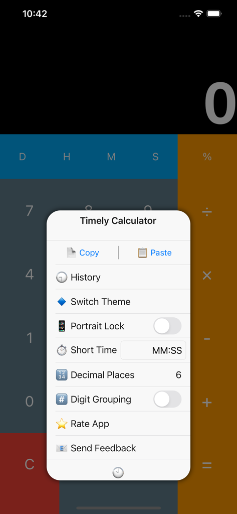 Menu de configurações sobreposto à interface do aplicativo Timely Time Calculator, mostrando opções para alternância de tema do histórico e formatação de tempo