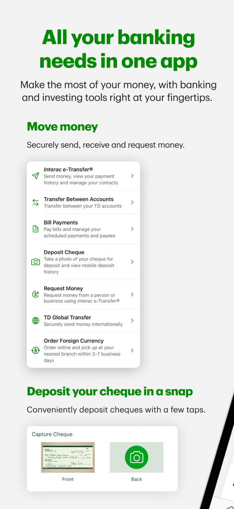 TD Canada Mobile App-Oberfläche mit Optionen für Geldüberweisungen und mobiler Scheckeinreichung