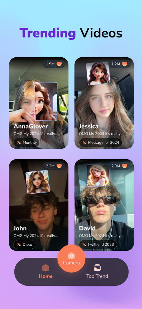 Pantalla de videos de tendencia en la app Mi Personaje de Dibujos Animados que muestra a usuarios con sus dobles de dibujos animados.