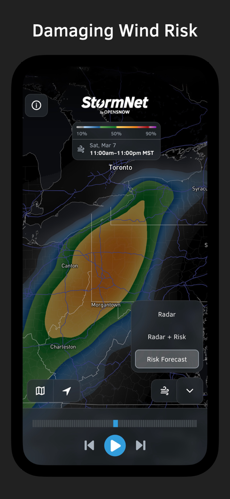StormNet app interface showing a damaging wind risk forecast map with colored probability zones
