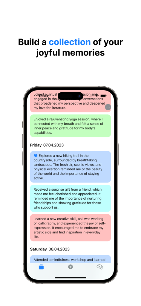 Diary+: Gratitude, Mindfulness - Diary plusアプリでカラフルな感謝ジャーナルエントリのフィードを表示するスマートフォンの画面