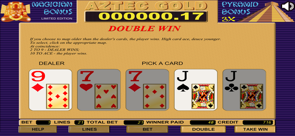Aztec Gold Slot - Double win bonus game screen in Aztec Gold Slot featuring a card selection mechanic.