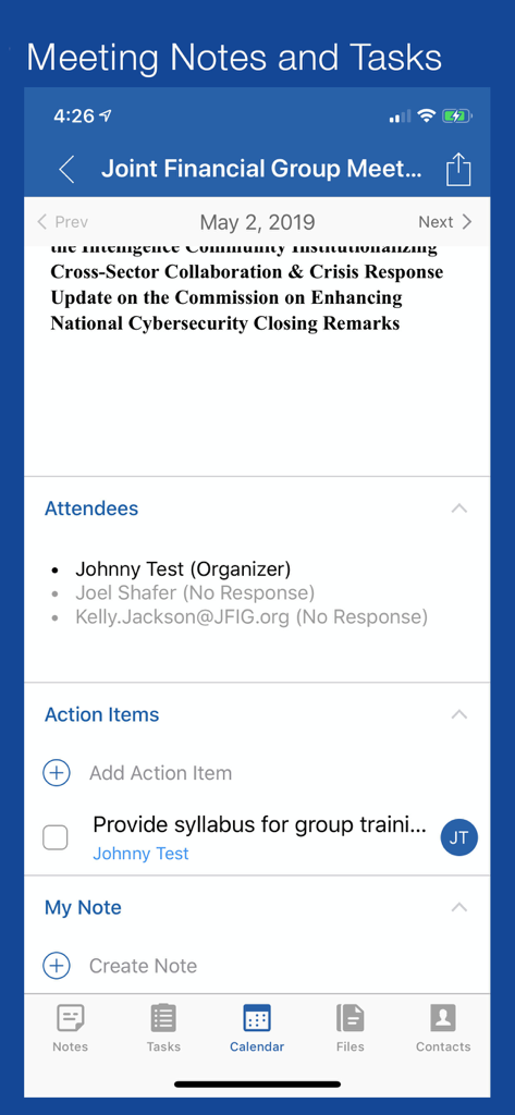 Notate for Microsoft 365 - Interface showing meeting notes attendees and action items in the Notate for Microsoft 365 app