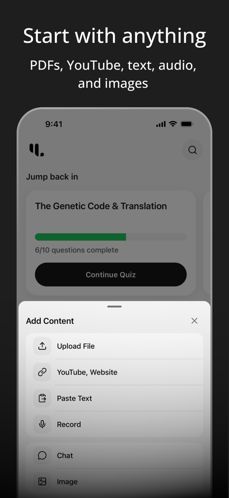Interface of YouLearn app showing options to upload PDFs, YouTube links, and audio recordings for AI-generated study tools.