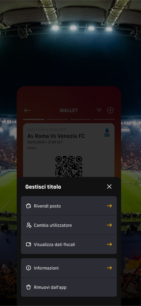 Schermata dell'app AS Roma che mostra le opzioni di gestione dei biglietti digitali per le partite, inclusi rivendita posti e trasferimento utente