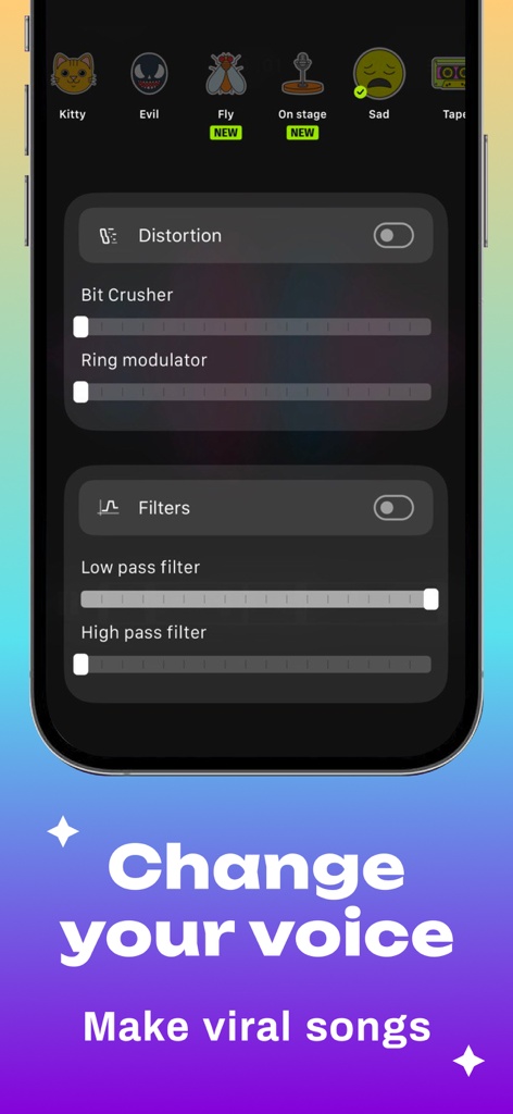 Mobile app interface showing voice distortion and filter settings for creating viral songs