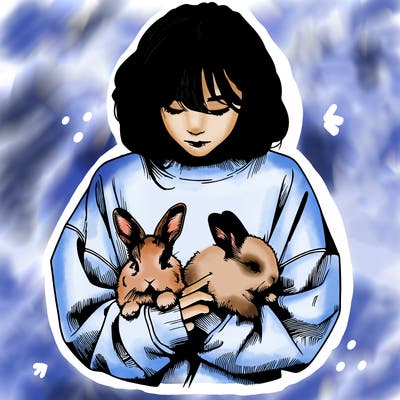 realistic girl with messy bunny baggy sweatshirt and holding bunnies