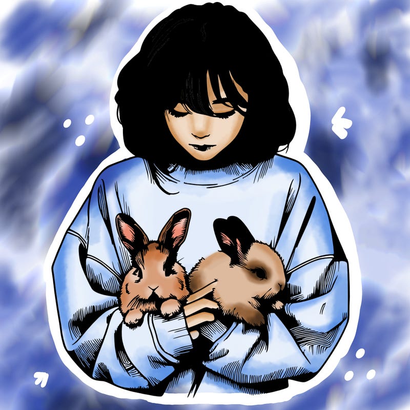realistic girl with messy bunny baggy sweatshirt and holding bunnies